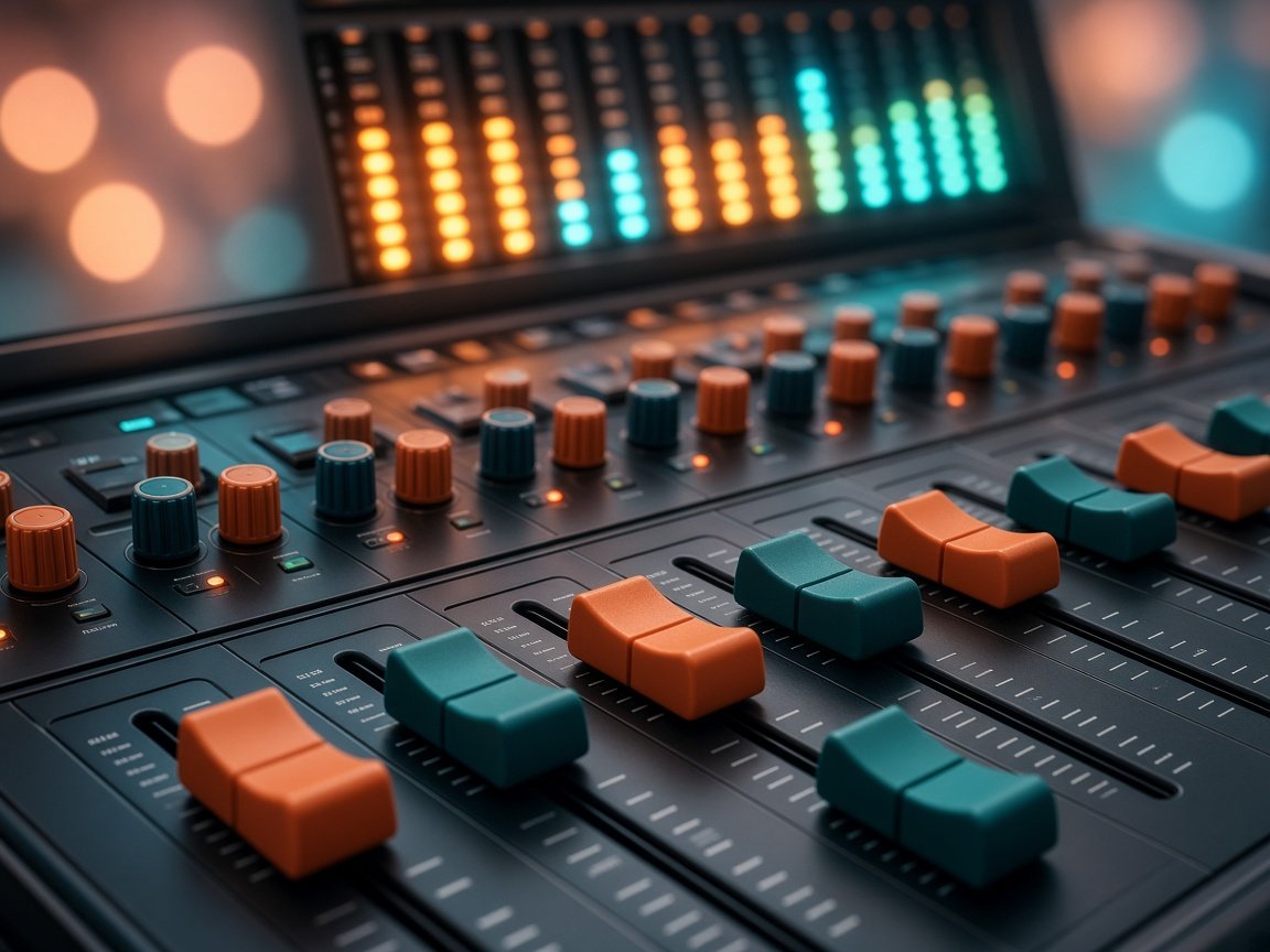 Close-up of colorful console faders with teal and copper level lights