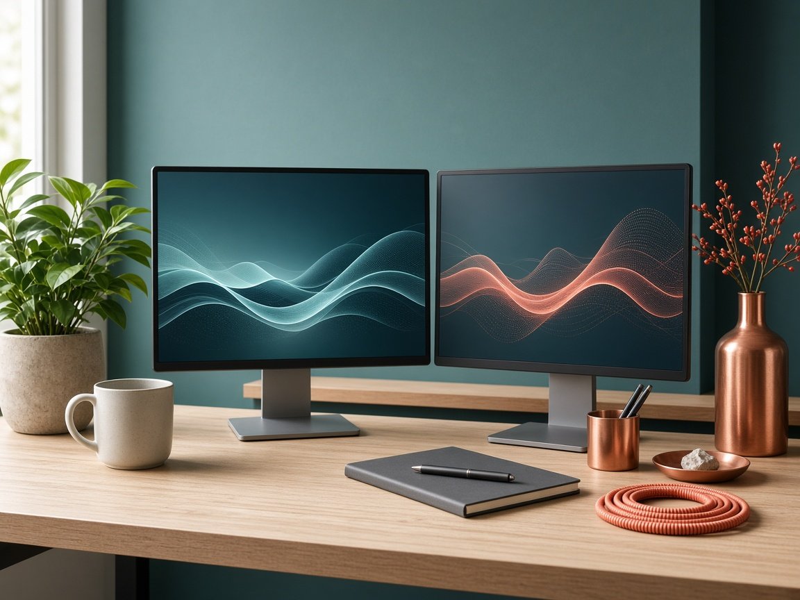 Bright dual-monitor workspace with soft teal and coral waveform displays